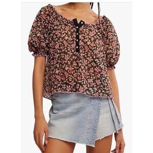 Free People Astra Short Sleeve Peasant Top Sz S NWT Black Rose Floral Sheer $78
